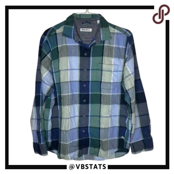 Tommy Bahama Green-Navy-Blue-White Color Block Plaid LS Shirt Size Large - Picture 1 of 10
